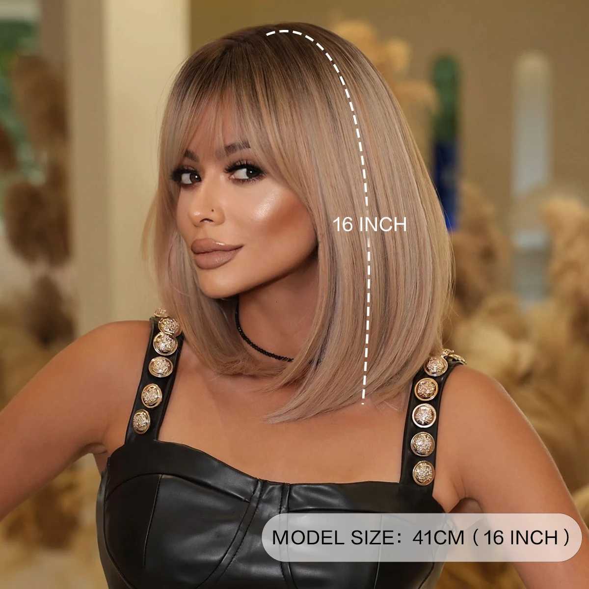 NAMM Short Straight Brown Wigs With Bangs High Density Synthetic Layered Hair Wigs With Dark Roots High Quality Heat resistantT251111