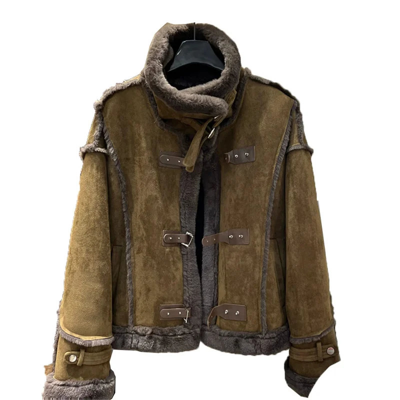 Faux Leather And Fur Integrated Lamb Fur Jacket For Womens Winter Thickened Plush Retro Fashion Motorcycle Jacket JF85 251105