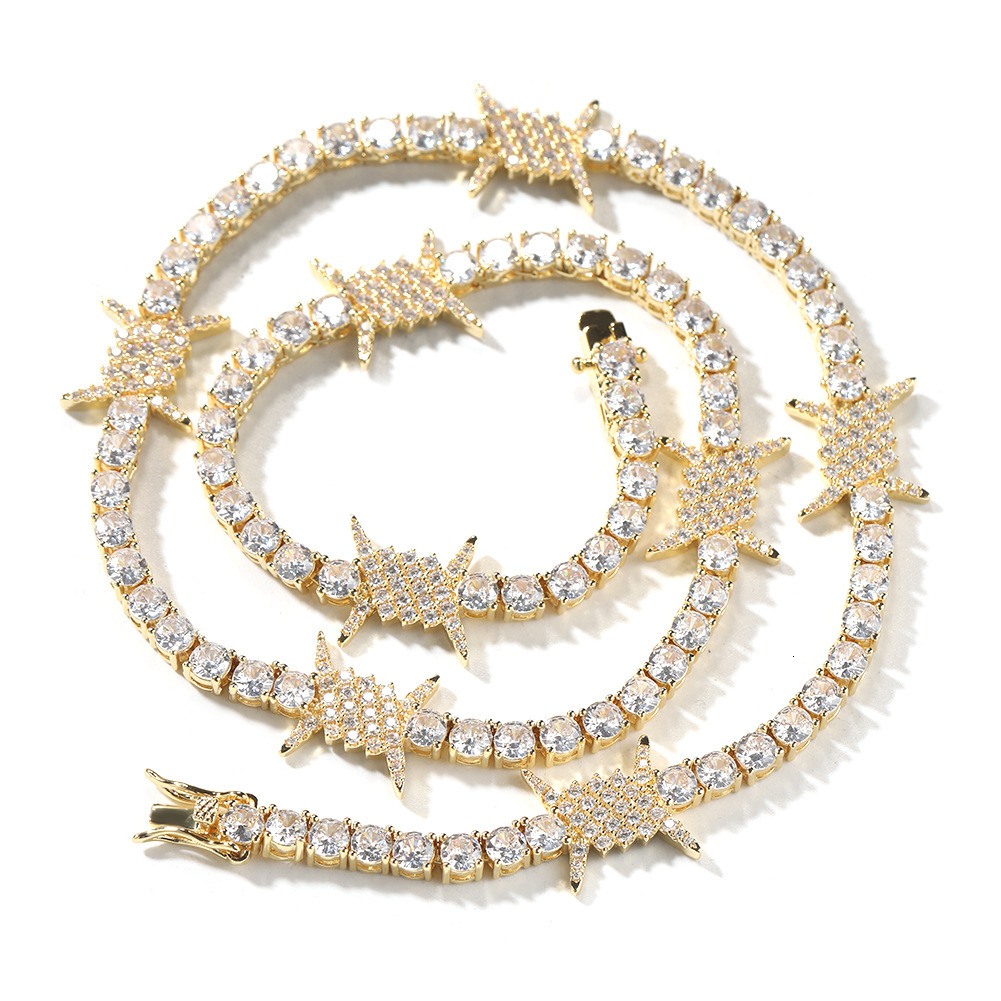 Hip Hop Full Bling Cz Stones Barbed Wire Thorn Tennis Necklace For Men 14k Gold Plated Copper Prong Iced Out Cubic Zircon Party Rapper Jewelry Accesso