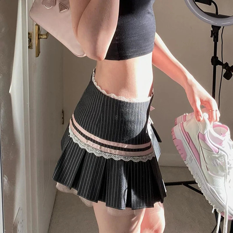 ALine Womens Summer Black Fashion Button Striped Party Clothing Sexy Lace Club Versatile Knitted Mini Skirt 250407