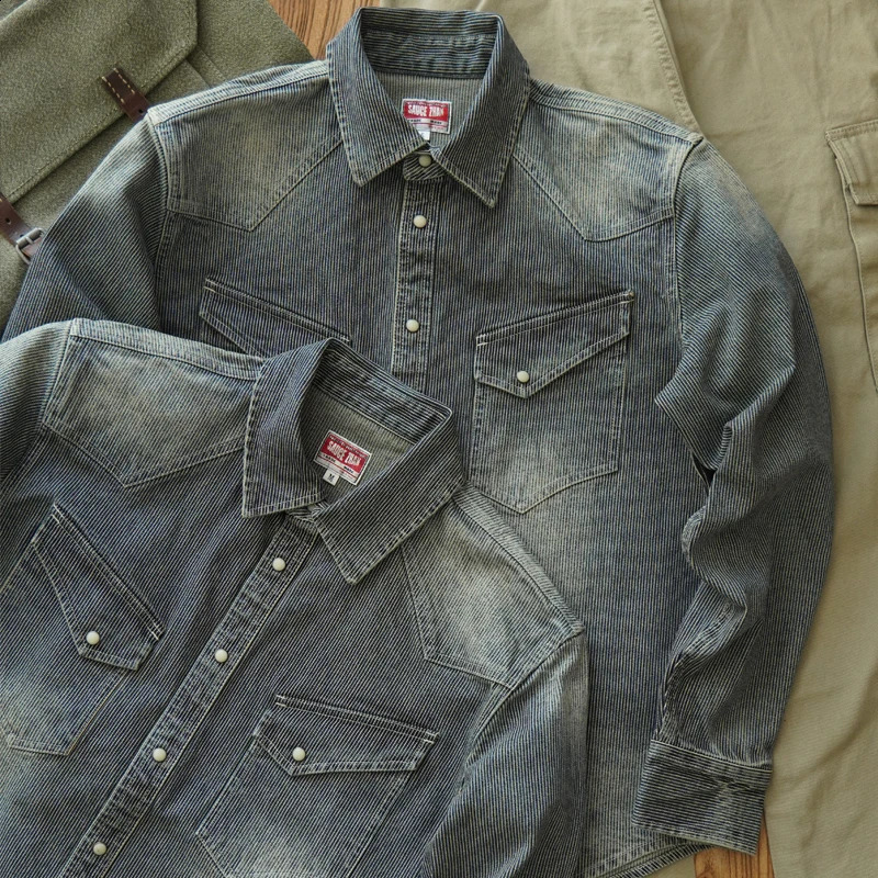 Sauce Zhan Heritage Stripe Western Heavyweight Distress Denim Shirt Autumn Mens Casual Long Sleeve Regular Fit 250411
