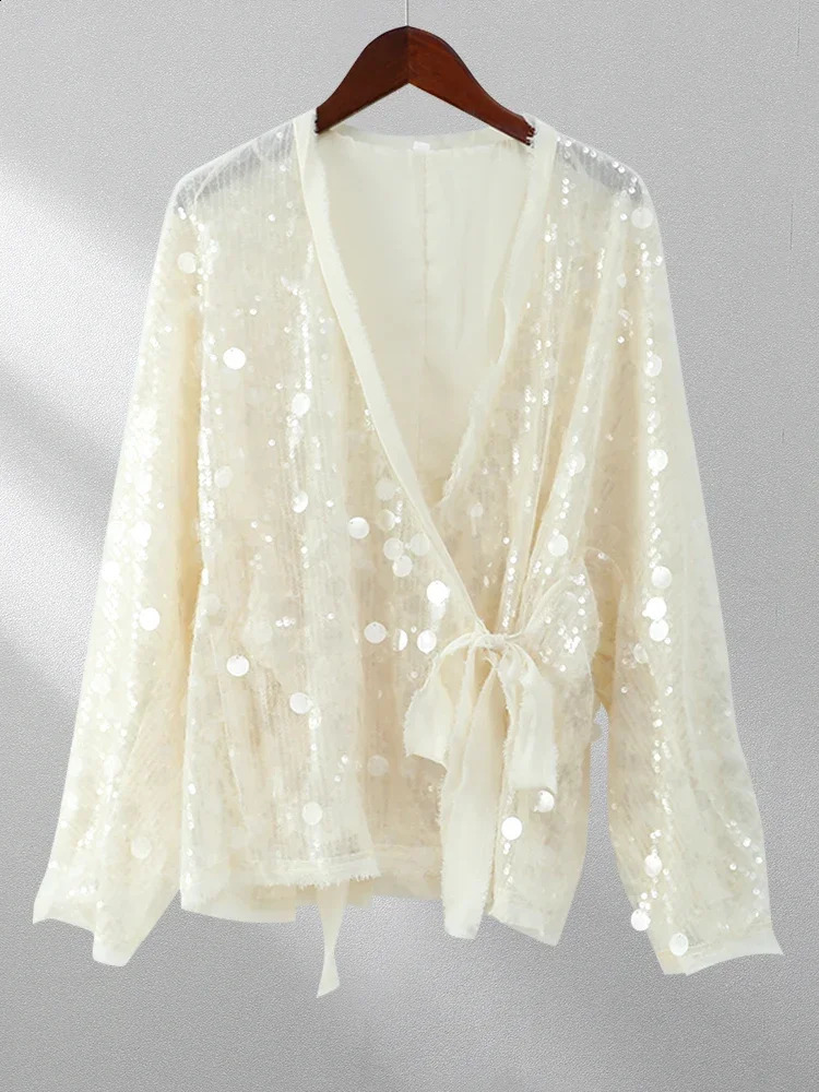 2025 Womens Sequins Kimono Style Jacket Fashion V Neck Long Sleeve Lace Up Casual Coats Autumn Female High Street Outerwear 250409