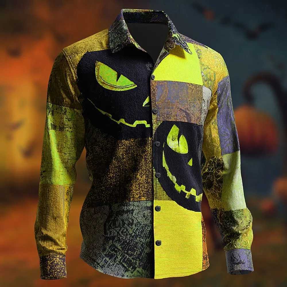 Halloween Costumes Mens Color Block Pumpkin Patchwork Shirt Button Up Shirt Long Sleeve Casual Outdoor 3D Print Collared Shirts K251110