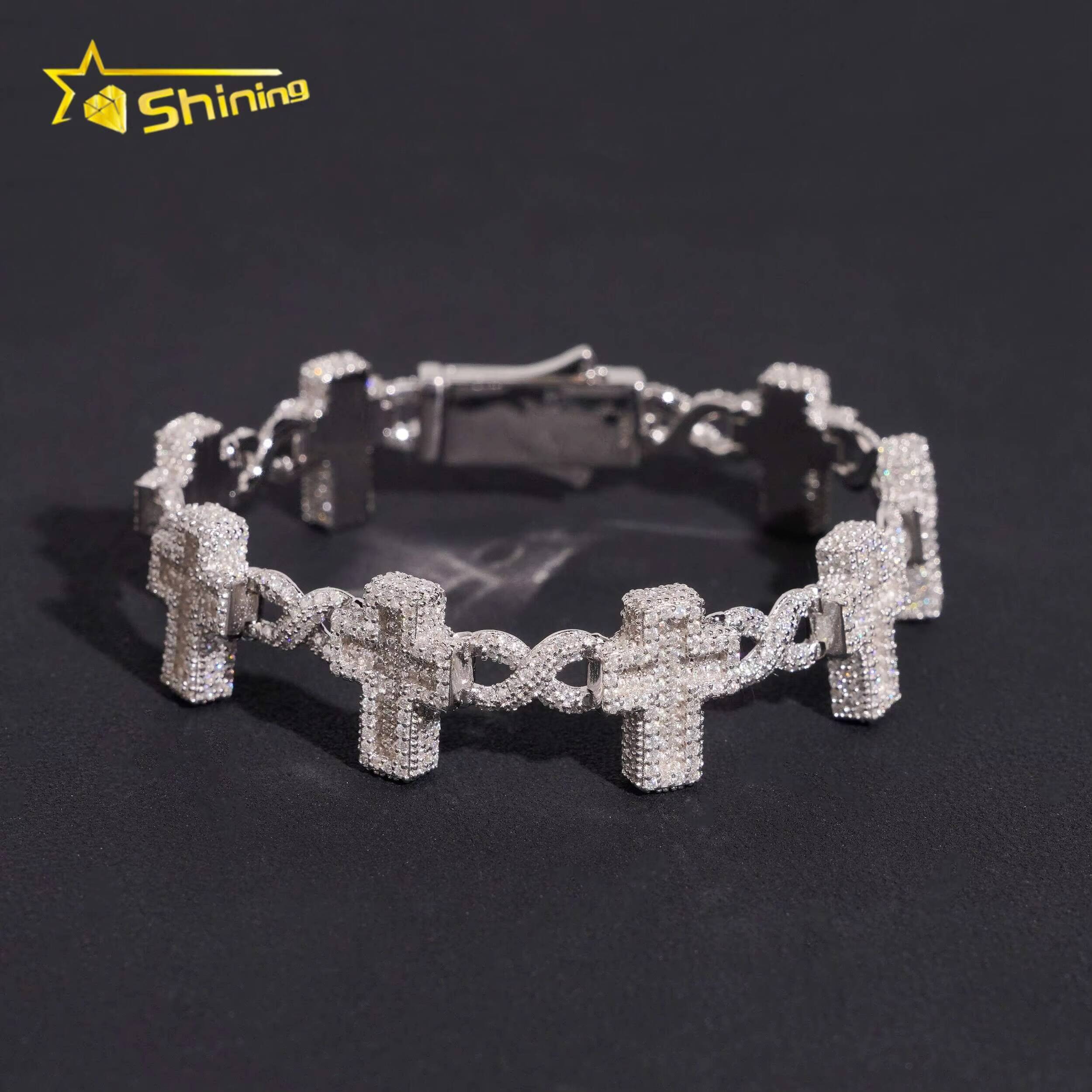 Moissanite Pass Diamond Test Men Bracelet Gold Plated S925 Moissanite Sparking Hop Hip Iced Out Cross Cuban Link Bracelet