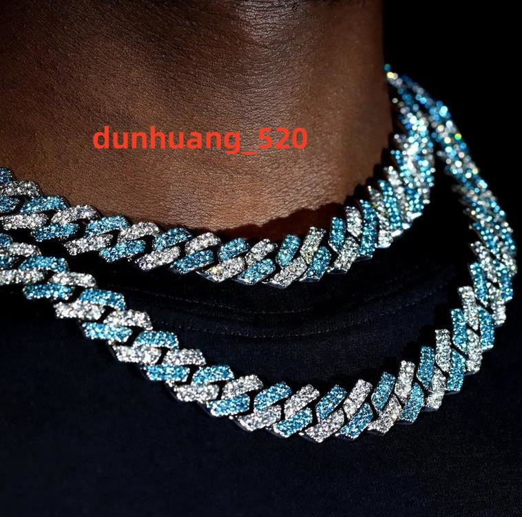 Mens Cuban Chain Rapper Jewelry Iced Out 925 Silver Blue White Color 14mm Moissanite Diamond Cuban Necklace