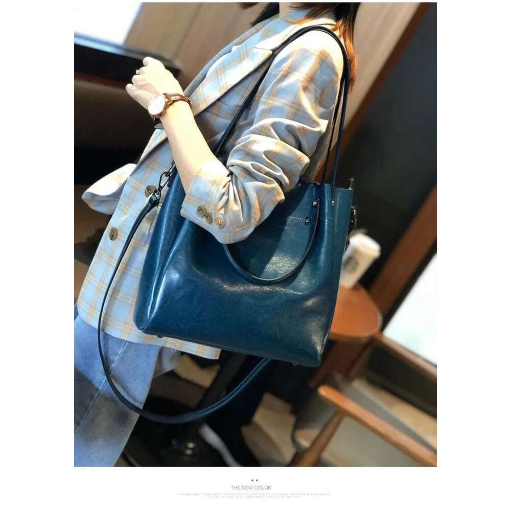 One-Shoulder Large Casual Tote Fashion Messenger Cowhide Leather Women's Bag Large-Capacity Ladies Handbag Bucket High Quality