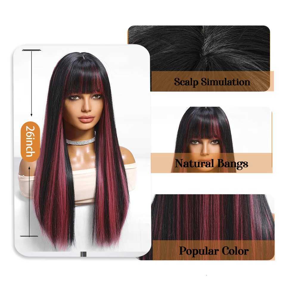 Black Highlight Pink Synthetic Wig with Bangs Long Straight Black Highlight Red Wig For Women Cosplay Party Christmas Wig 26inchT251111