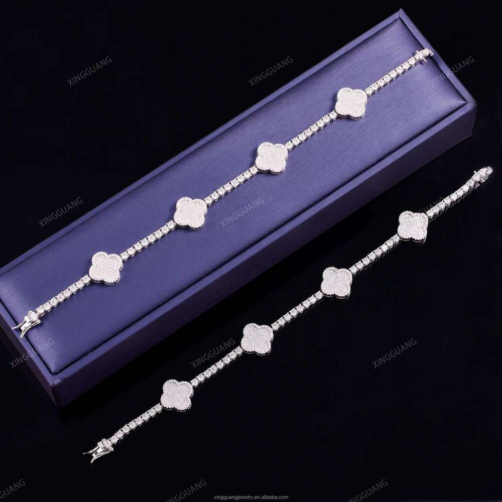 Fashion Four Leaf Gold Plated S Sier 3MM 4MM Mossanite Link Clover Charms Tennis Chain Jewelry Bracelet