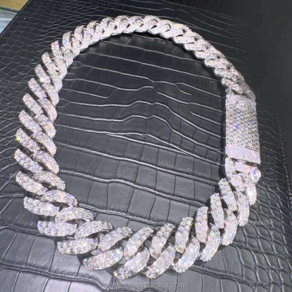 Design VVS Baguette Moissanite Chain 20mm Wide Solid Sier Gold Plated Iced Dia Rapper Cuban k Necklace