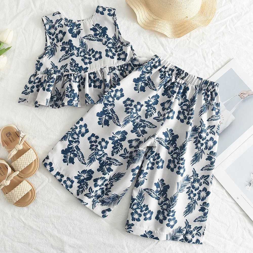 Summer new womens sleeveless printed shirt+wide leg pants set retro floral sleeves two-piece womens clothingXJ250410
