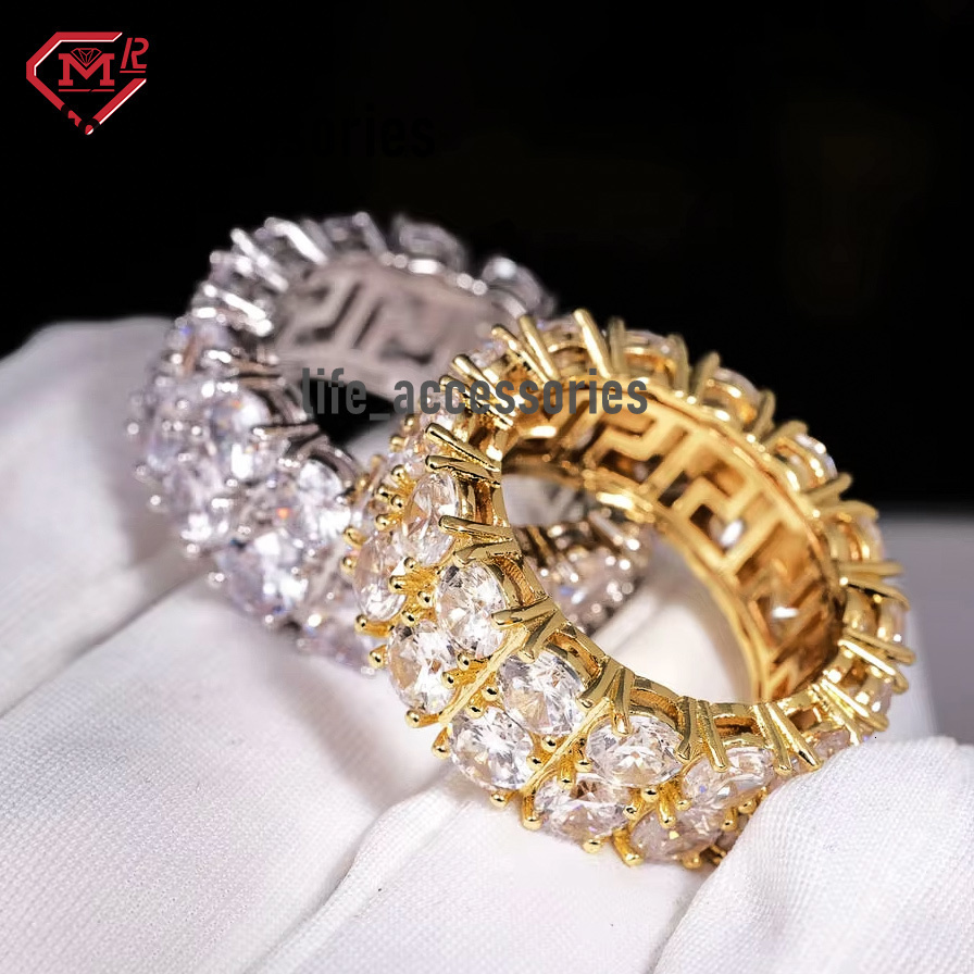 Bling Moissanite Ring Men 925 Sterling Silver Hip Hop Diamond Double Row Ring Pave Setting Moissanite Ring