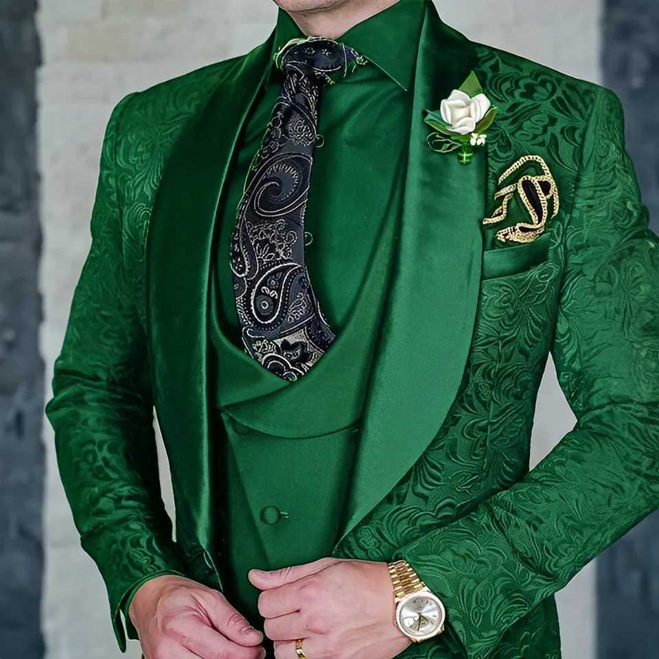 Jacquard mens 3-piece formal party dress grooms tailcoat high-quality elegant mens custom set W250410