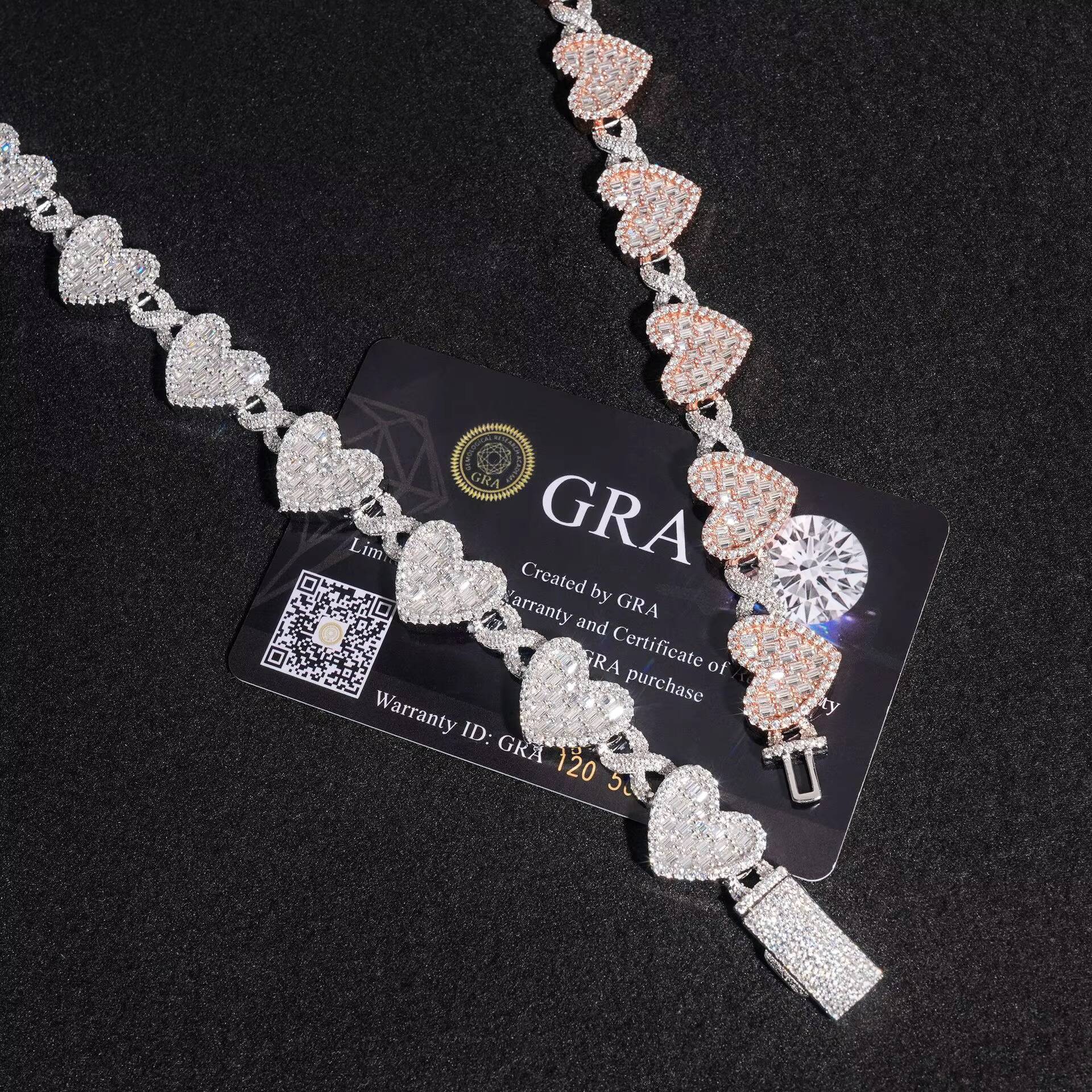 Sterling Silver Iced Out Moissanite Bracelet Baguette Heart Cuban Bangles Elegant Necklaces Chain with Heart