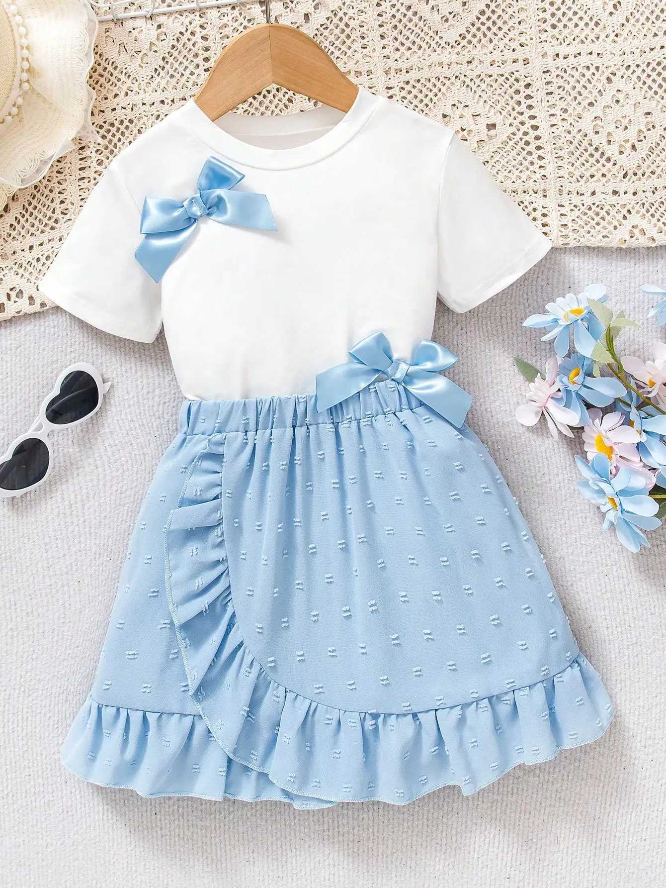Girls Blue Bow Tee Tiered Skirt Set#Sweet Preppy Outfit for Ages 4-7School/PartiesS/SXJ250410