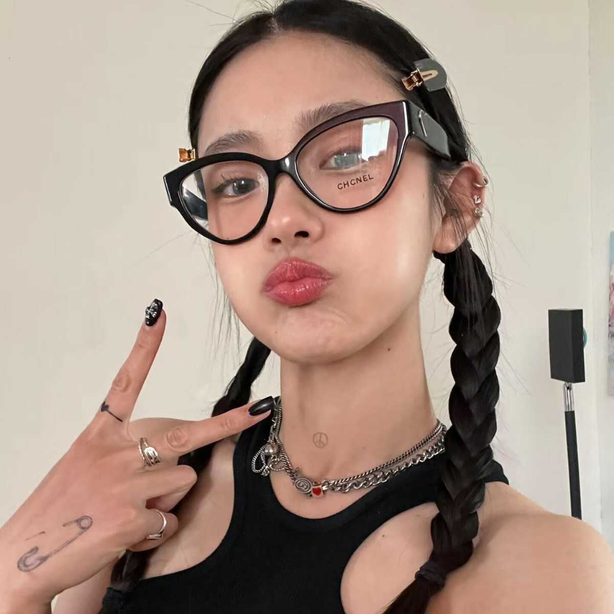 Designer luxury sunglasses top quality CH3436 Acetate Cat Eye Face Slimming Frame Women Elegant Butterfly Shape Black Anti Blue Light Plain Glasses