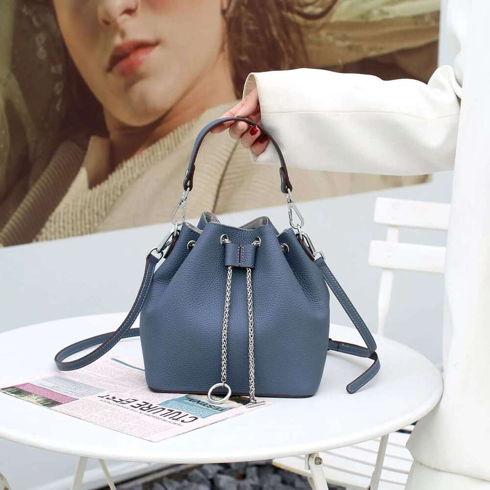Cow Women's Handbag Small Shoulder Crossbody Bag Fashionable Large Capacity Bucket Bag, Pull Rope Closure Soft Leather