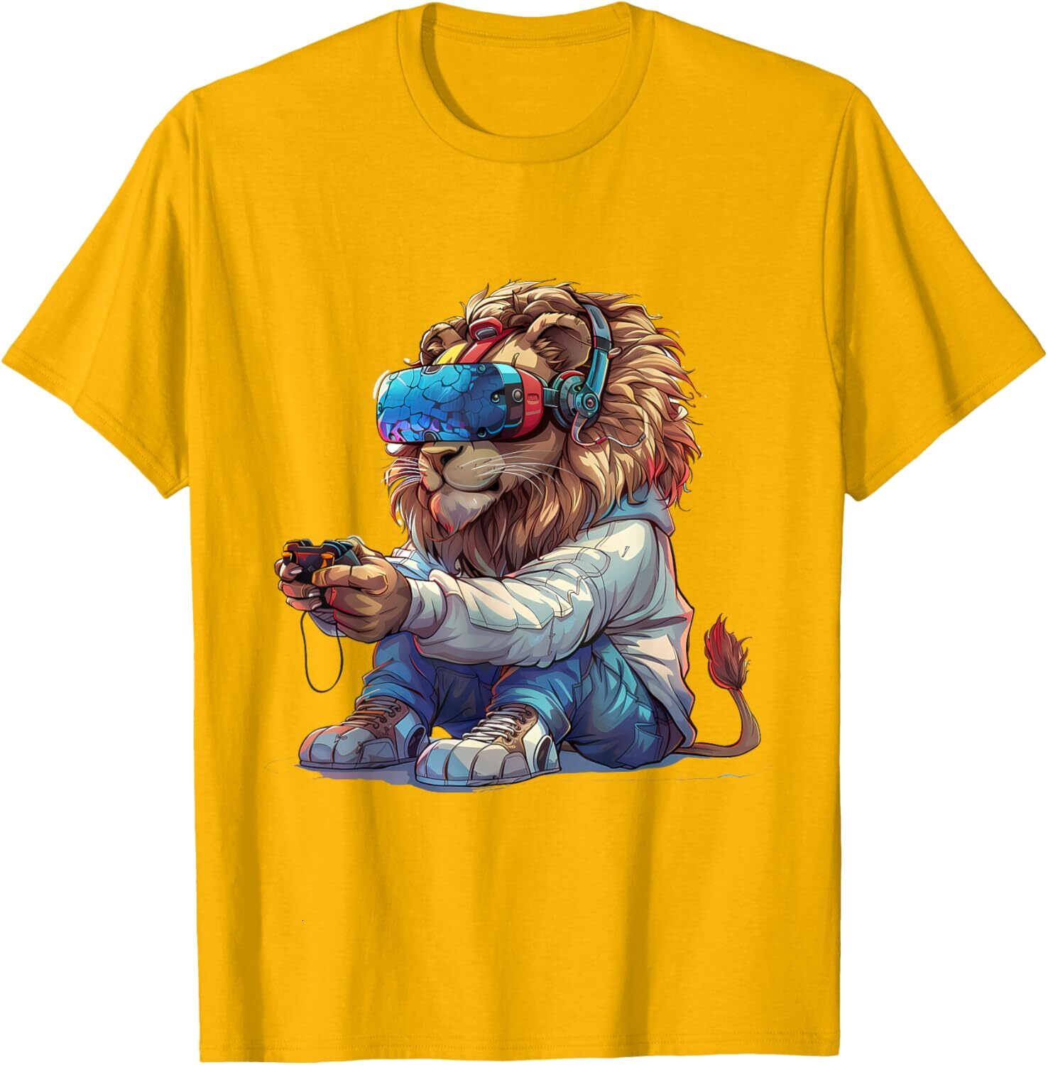 T shirt for Mens Gaming Animals- Lion Playing Console Video Games Graphic Tee Casual Tops Clothes Short sleeve