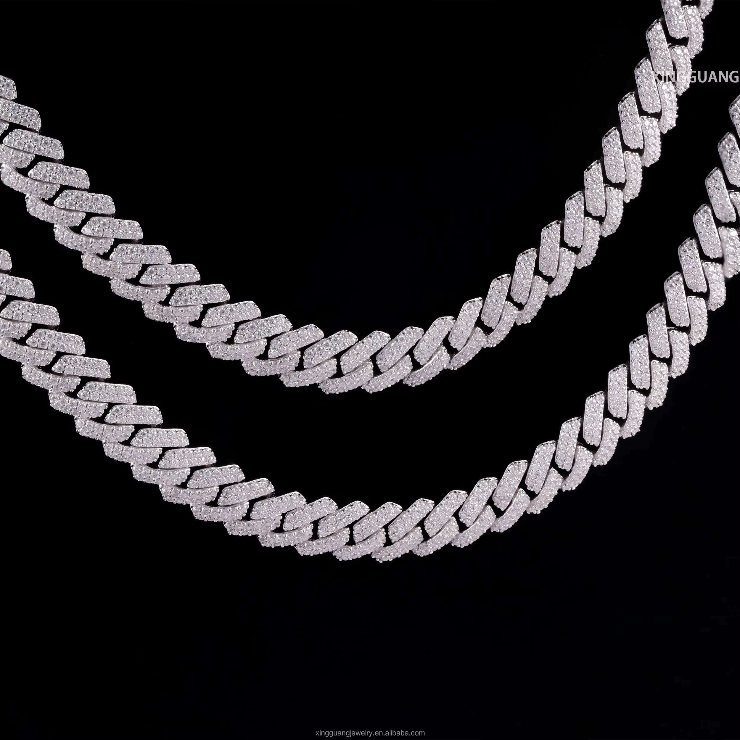 RTS Hot Selling Pass Diamond Tester 925 Silver 10mm Two Rows Iced Out Hip Hop VVS Moissanite Diamond Cuban Link Chain for