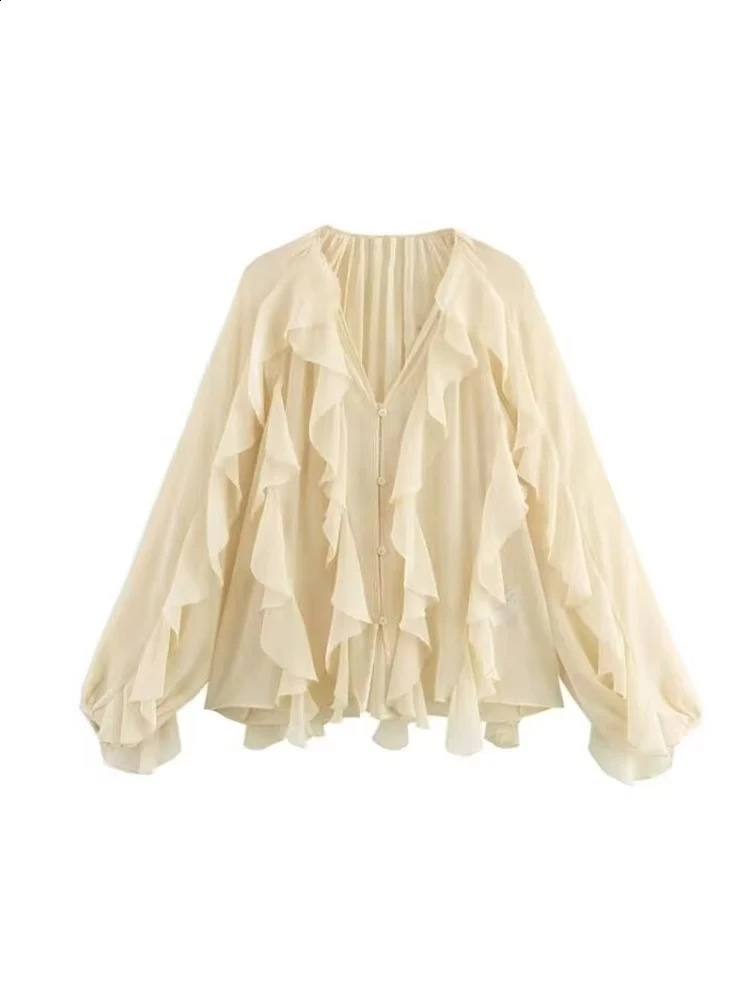 TRZA Womens Fashion Ruffle Half Wool Vneck Long Sleeve Button Shirt Top 250411