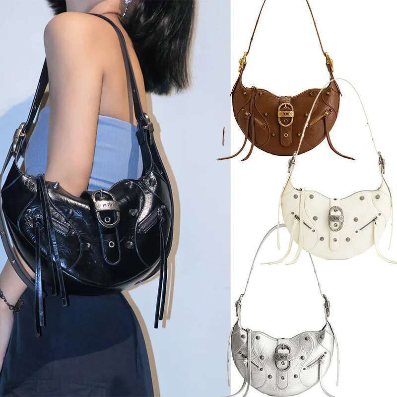 2025 New Leather Bullhorn Pudding Motorcycle One Shoulder Crossbody Underarm Bag Versatile Femme Sac