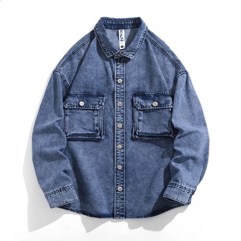 Retro Distressed Long Sleeve Denim Jacket Mens Casual Oversized Work Clothes with Patched Pockets 250411e