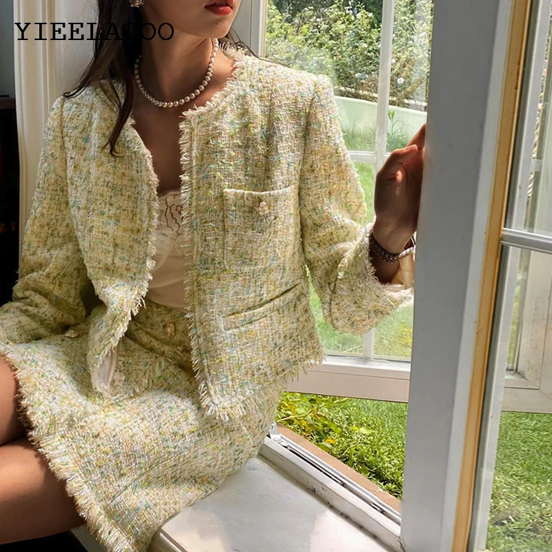 Light Green Womens Skirt Set Professional Spring /Autumn Tweed Jacket Skirt Sets Business Ladies skirt 2-piece set 251106