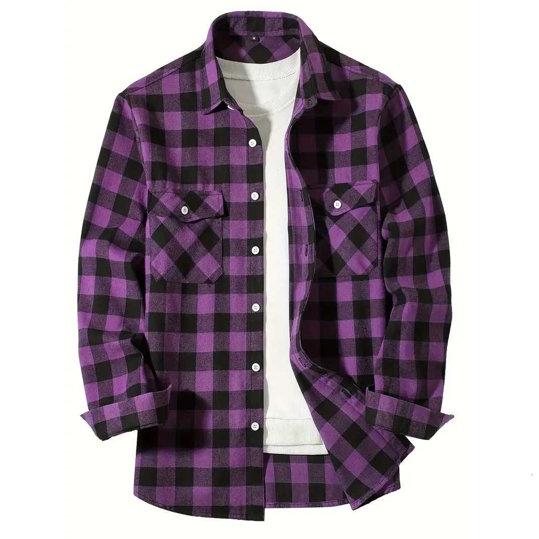 2024 Autumn Men Jacket Tops Single Breasted Casual Plaid Shirt Long Sleeve Chest Double Pocket Hip Hop Design Stitching ShirtS K251110