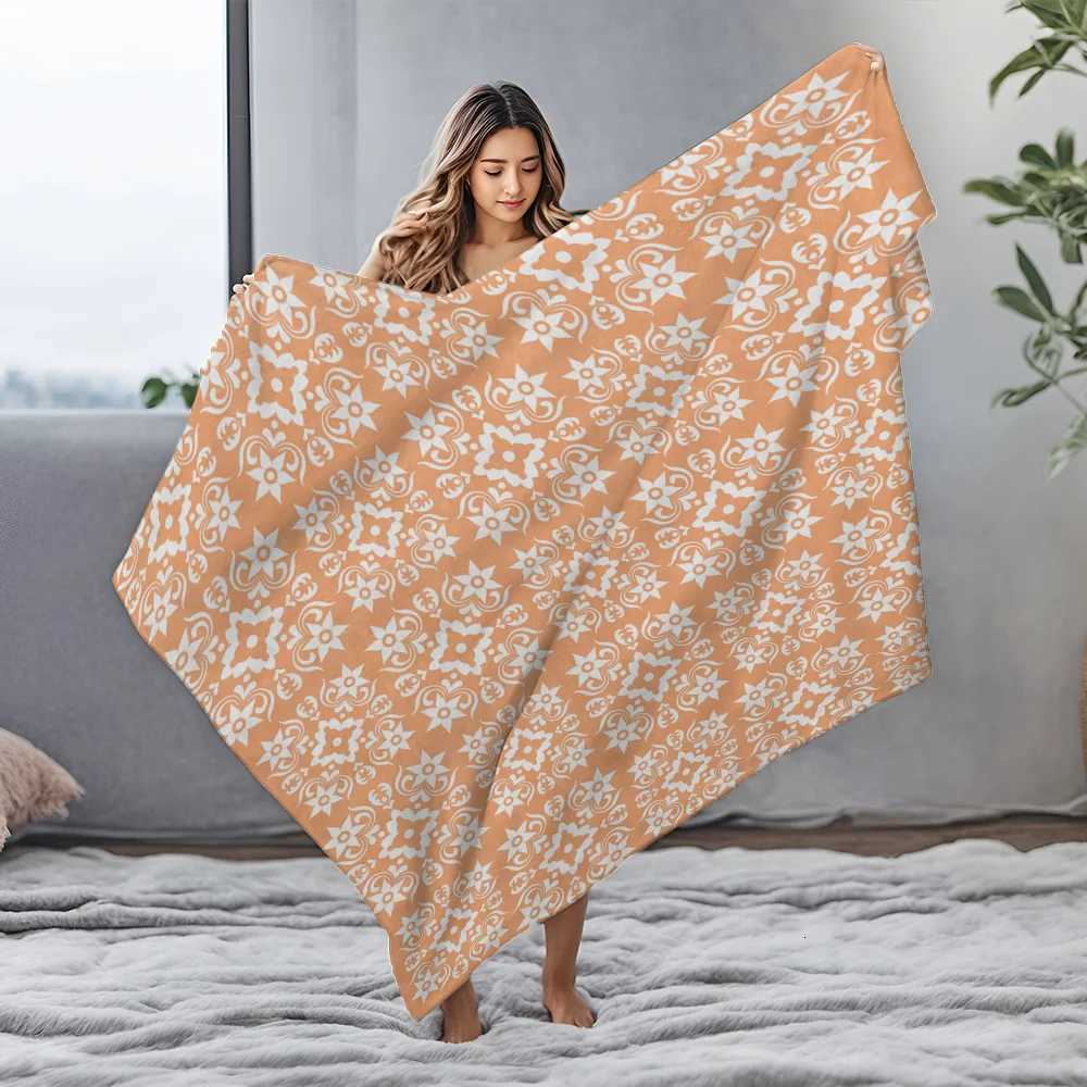 Orange Floral Print Fleece Blanket Soft Warm Throw Blanket Bed Sofa Cover Decorative Gift C251111