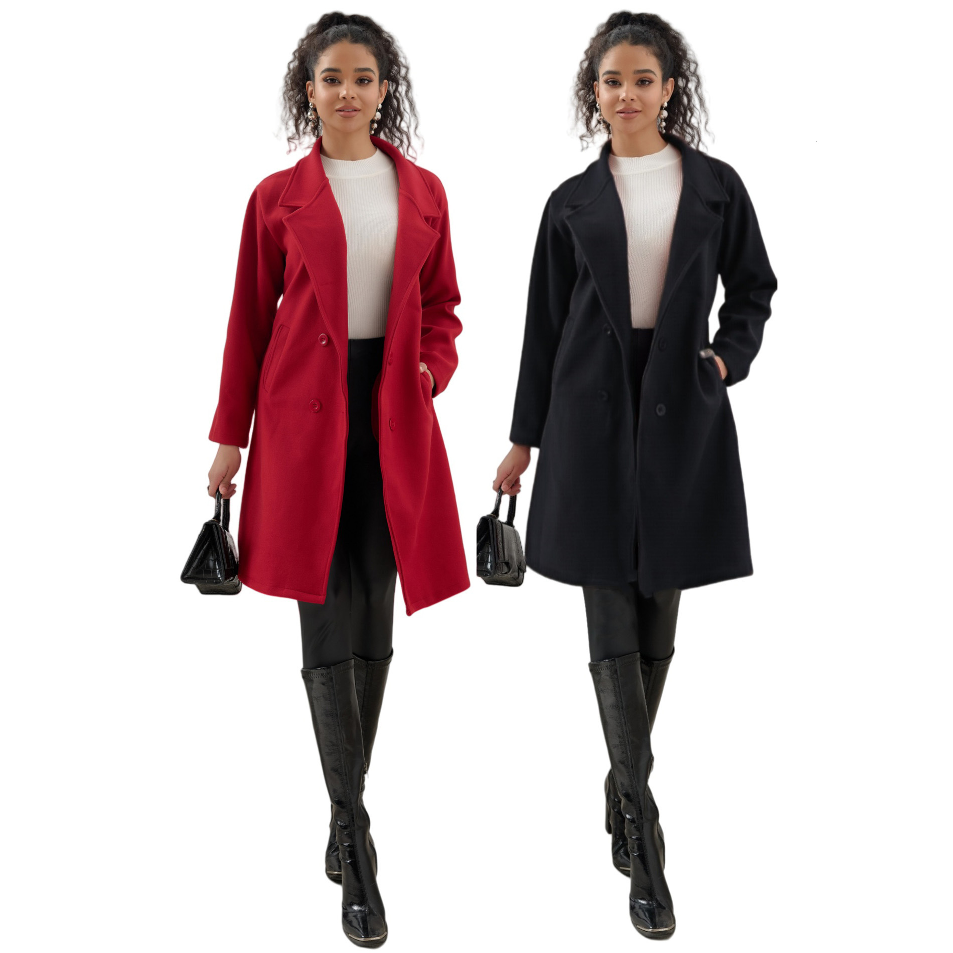 Autumn and winter new women's long lace up woolen solid color simple slim fit coat