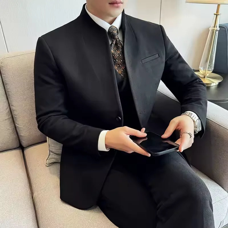 Chinese style collarless wool mens suit slim fit business suit wool suit 3-piece set wedding formal mens suit 251107