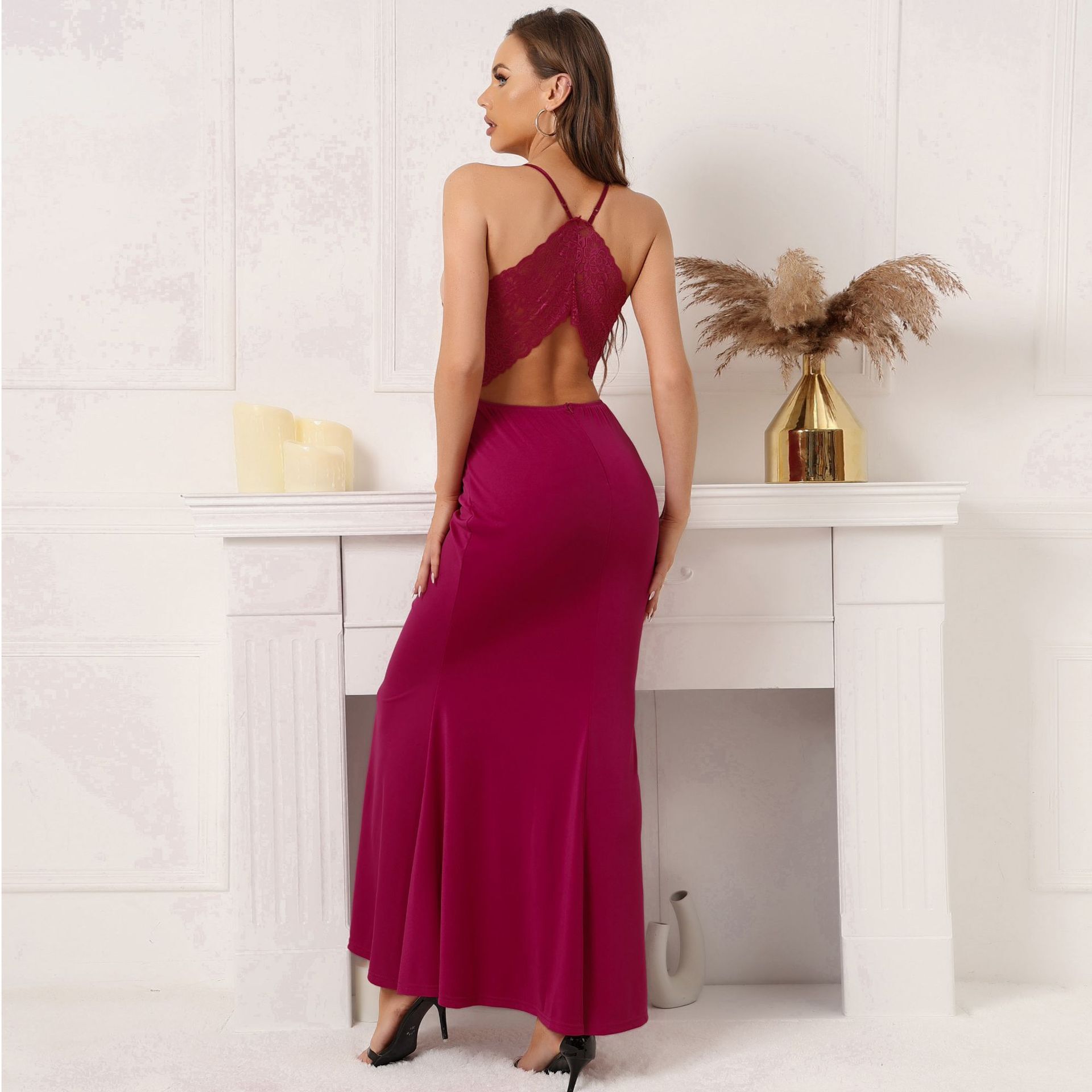 New Strap Sexy Lace Splice Open Back Women's Banquet Style Long Dress