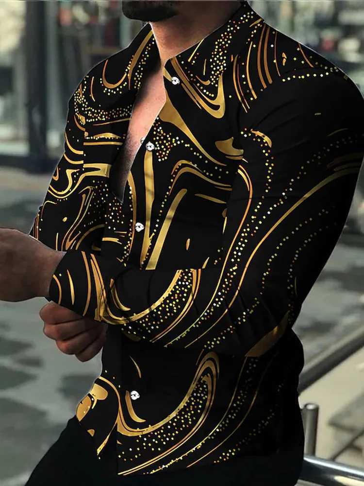 2024 New Hawaiian Shirts Luxury Gold Pattern Shirts Mens Fashion Casual Shirts Long Sleeves Lapel Beach Shirts Mens Clothing K251110