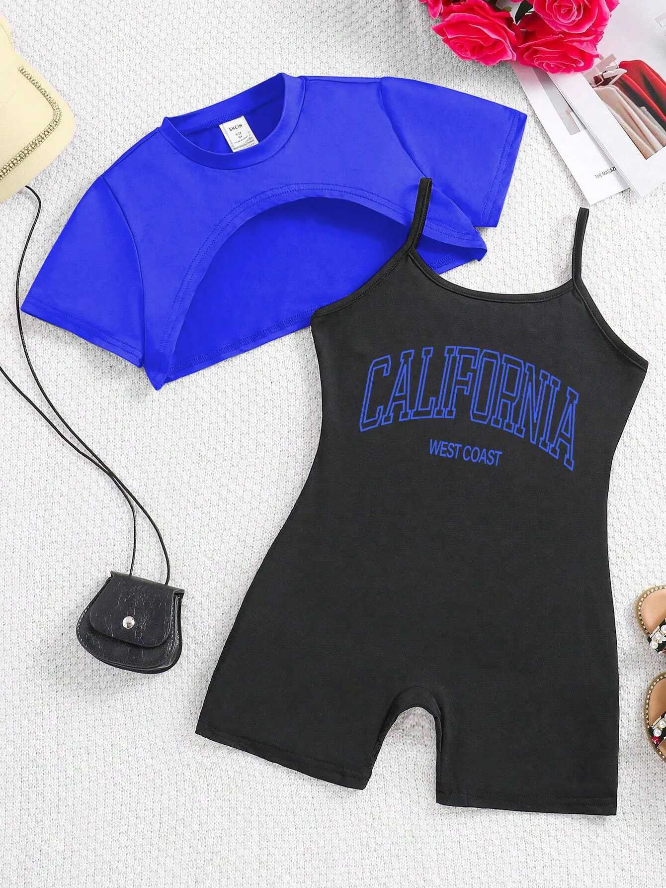 New summer street fashion two-piece set for girls aged 8-12+slim fitting jumpsuit+short sleeved sexy backless design T-shirt topXJ250410
