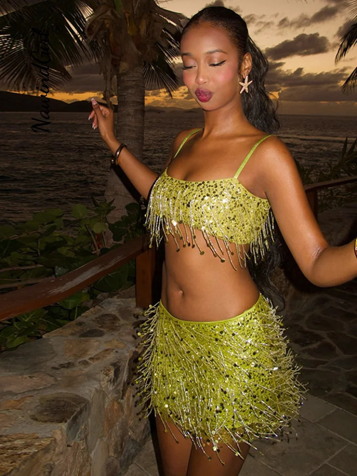 Sexy Sequins Tassel Skirt Sets Women Sling Crop Tops Hip Package A-line Short Skirts 2025 Summer Chic Beach Party Outfits Lady 250409