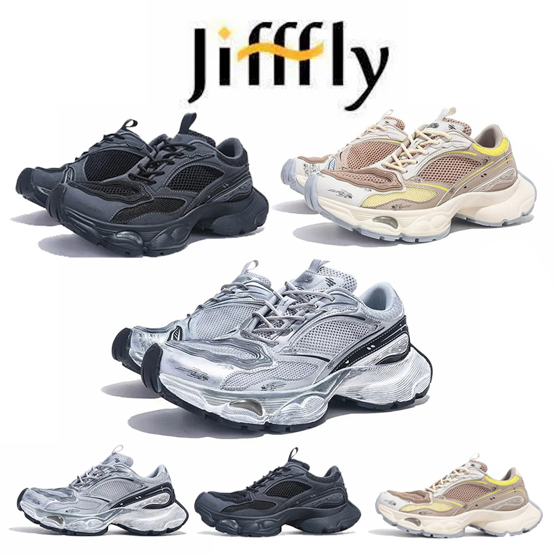 Jiffly Trendy Designer's Versatile Splicing Thick Bottom Mesh Retro Sneakers Universal Height Boosting Casual Shoes Men's and Women's Same Silver