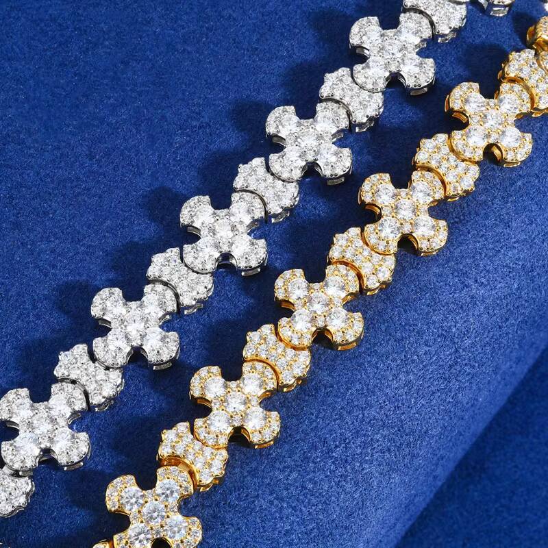 New Trend 12mm Width Link Chain 925 Sterling Silver Pave Setting VVS Moissanite Iced Out Cross Jewelry Bracelet for Hiphop Men