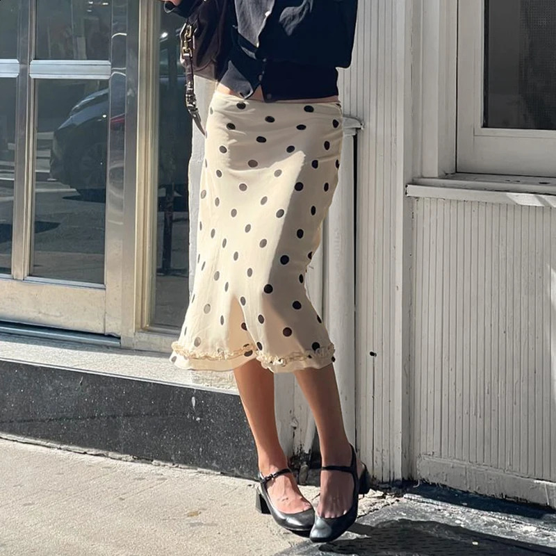 BIIKPIIK Casual Women Polka Dot Skirts Lettuce Trim Beige Elegant Midi Skirts Streetwear Simple All-match Bottom Clothing Spring 250409