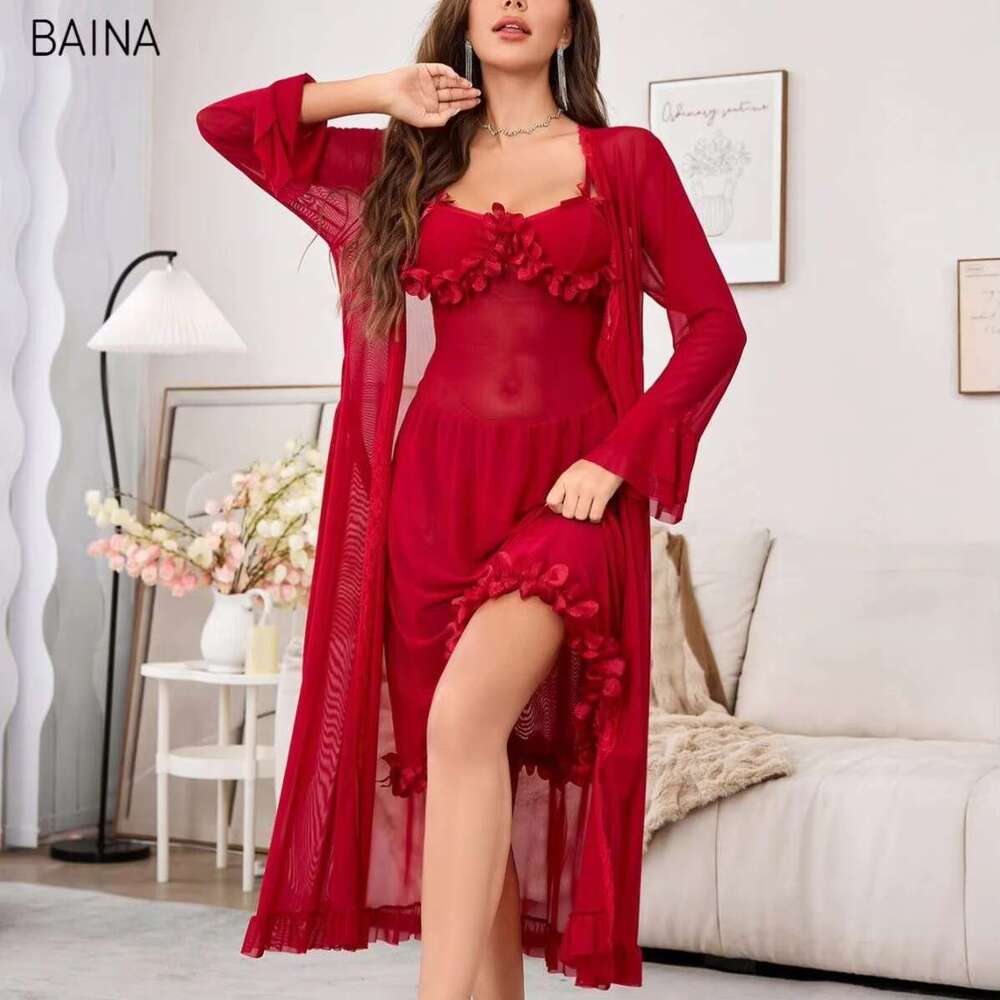 Valentine's Day Pama Mesh Wedding Dressing Sexy Ruffles Pamas Robe Pyjamas Set Sleeping Gown + Sg Dress