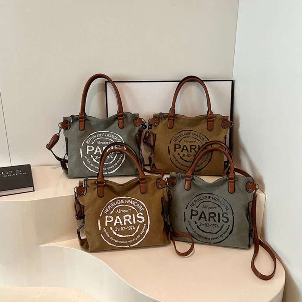 Large Retro Canvas Tote Bag Adjustable Shoulder Strap Vintage Paris Stamp Print Stylish Crossbody for Women 251110