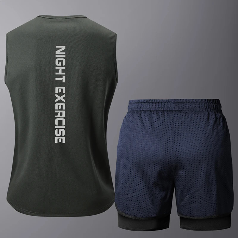 Mens twopiece sportswear summer breathable quick drying gym fitness set running sleeveless Tshirt shorts 250411
