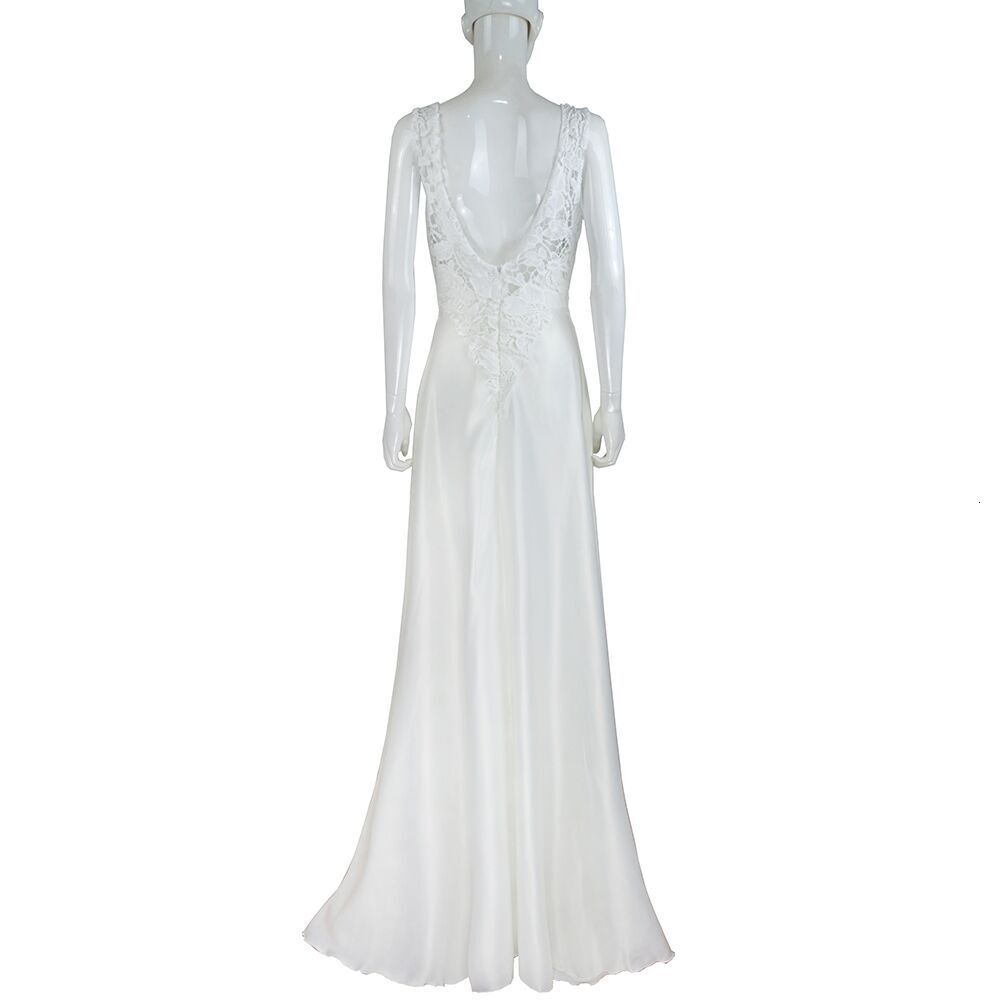 Women's Solid Lace Splice Hanging Strap Hollow Open Back Salute Wedding Dress, Long Dress