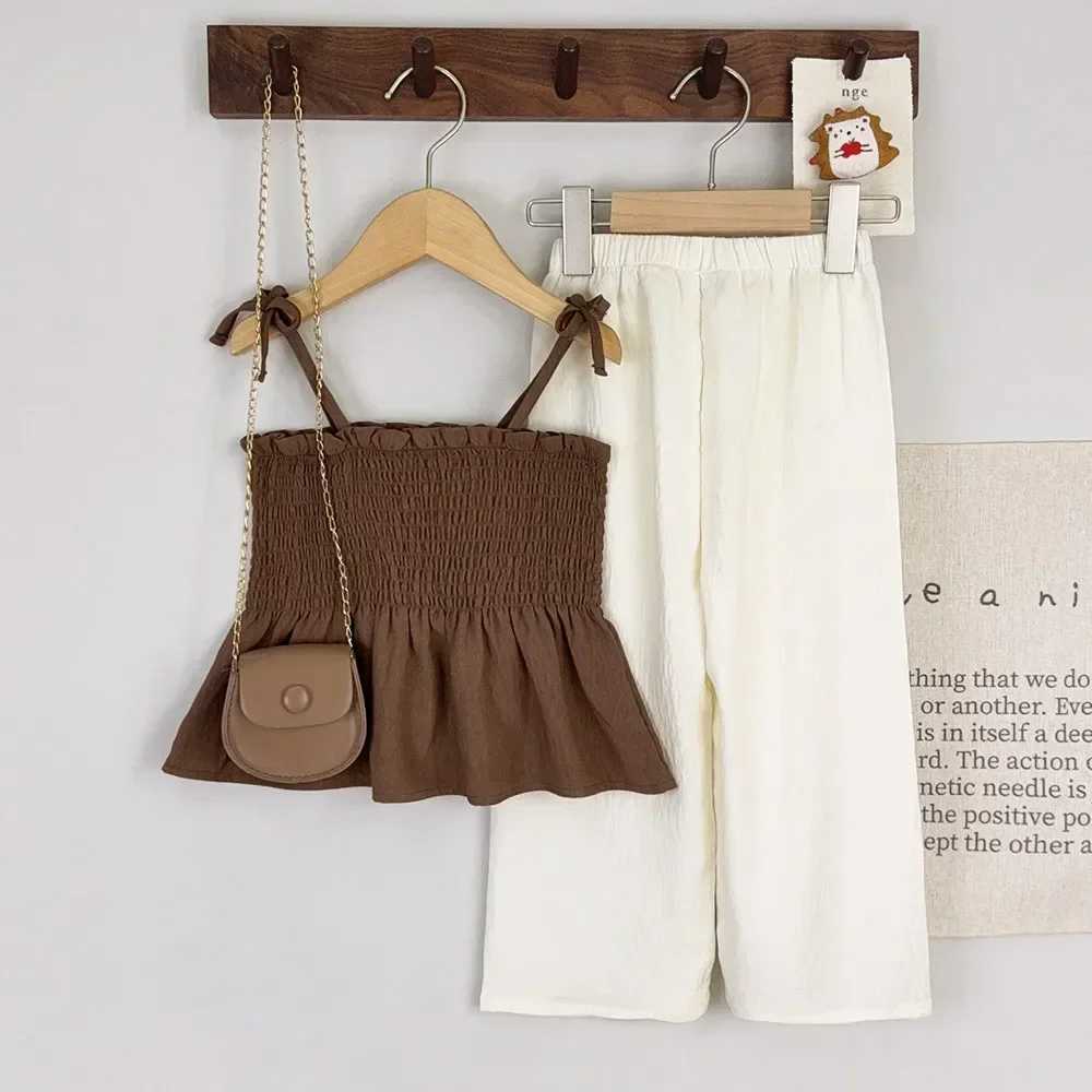 Girls set Korean version summer new khaki pleated Camisol top+beige pants sweet two-piece casual childrens clothingXJ250410
