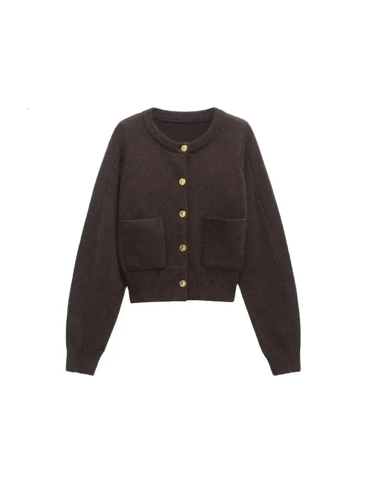 Womens Knit Cardigan Sweater ONeck Long Sleeve Chic Top with Golden Button Front Patch Pockets Fashion Outerwear 251107