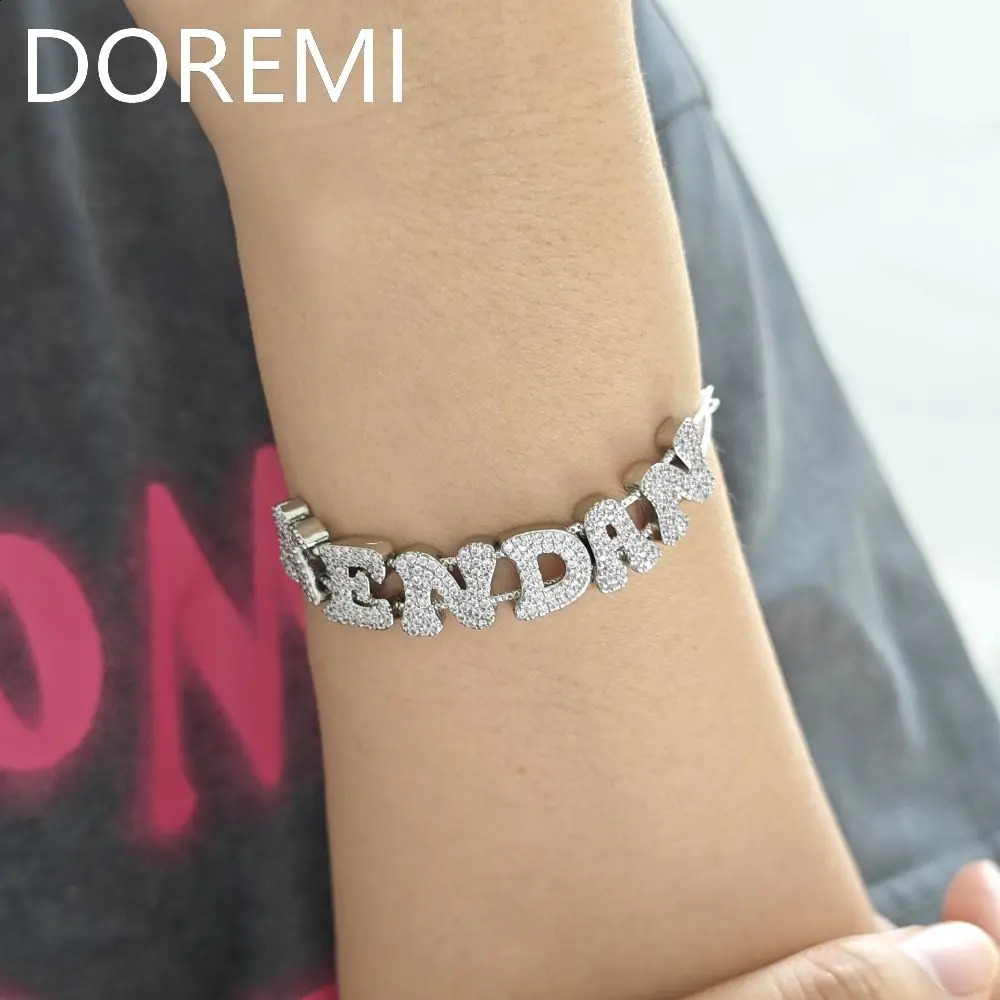 Double layer CZ personalized initial letter customized jewelry 18k gold-plated diamond bracelet fat bubble name bracelet 250408