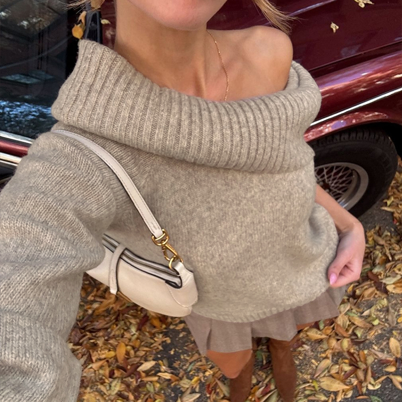 Women's solid-color tops, one-shoulder long-sleeved sweaters, fashionable and popular sweaters, romantic and casual,women's outwear tops---T