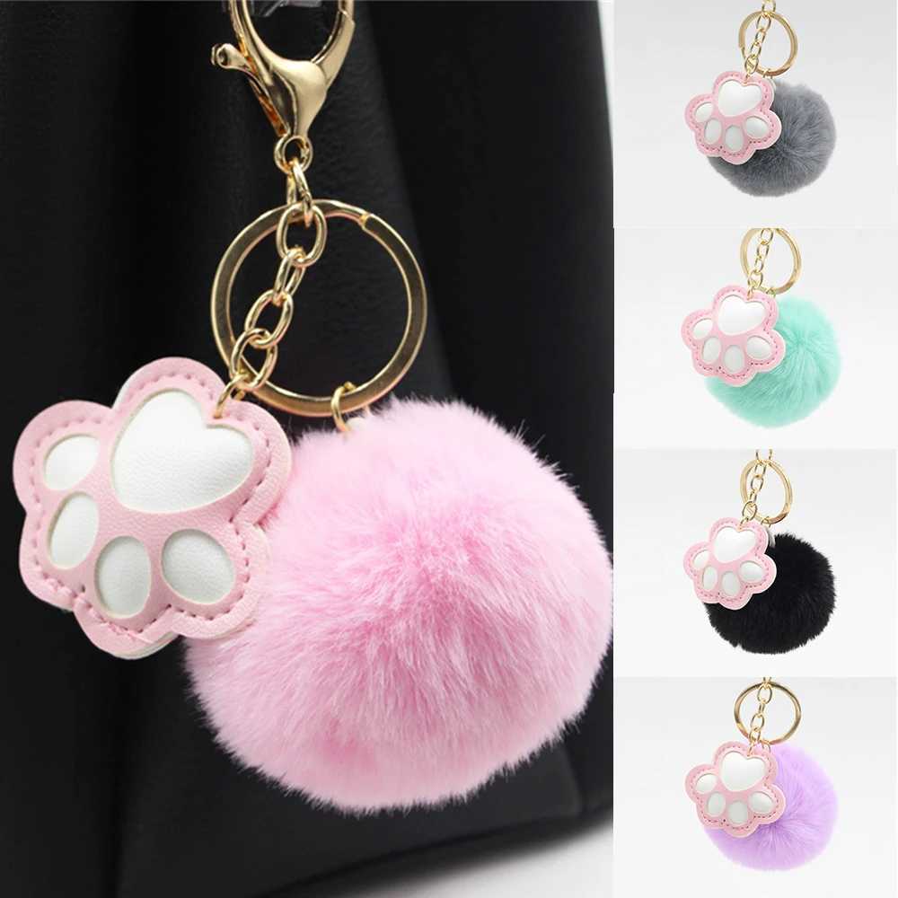 Cute Plush Claw Keychain Solid Color PU Leather Pet Dog Claw Keychain Childrens Backpack Pendant Car Keychain Toy Gift W250411