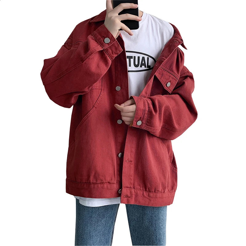 Steel Red Mens Jeans Jacket with Collar and Multiple Pockets Denim Coat Loose Casual 250401