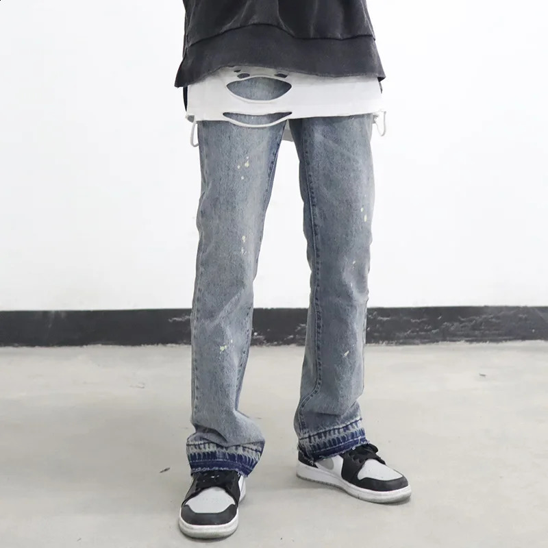 High Street Washed Splash Ink Retro Wide Leg Flared Pants Mens Straight Casual Jeans Harajuku Loose Denim Trouser 250409
