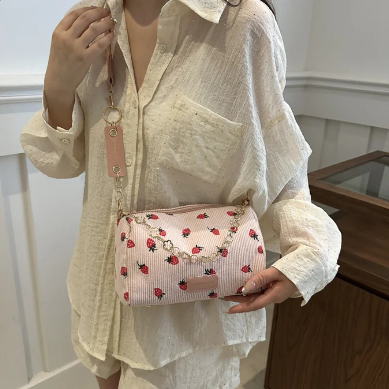 Strawberry print horizontal mini bag Corduroy Fresh Ins style lingerie refined female student travel shoulder 250401