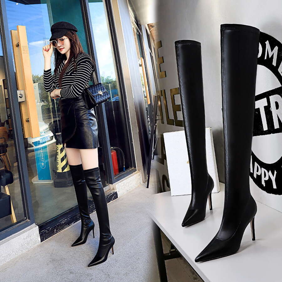 34-43 Plus Size Fashion Pointed Toe Winter Sexy Footwear Black long knee high boots Designer Designer Shoe Shoe for women